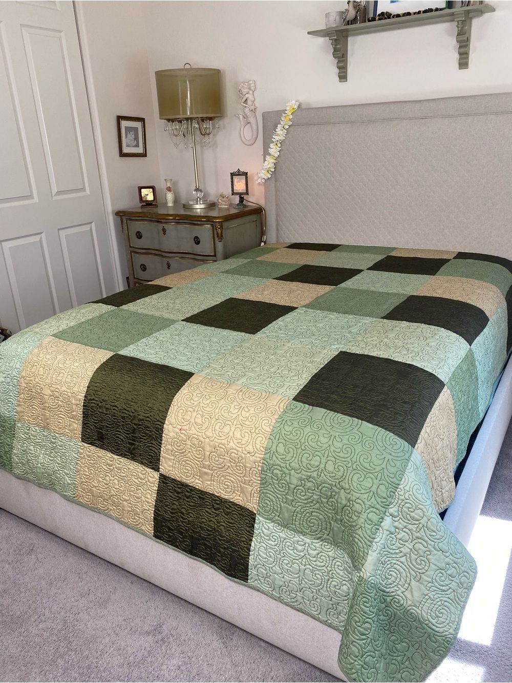 Rare 70s Springmaid patchwork Lightweight bedspread/ Quilt green brown gold